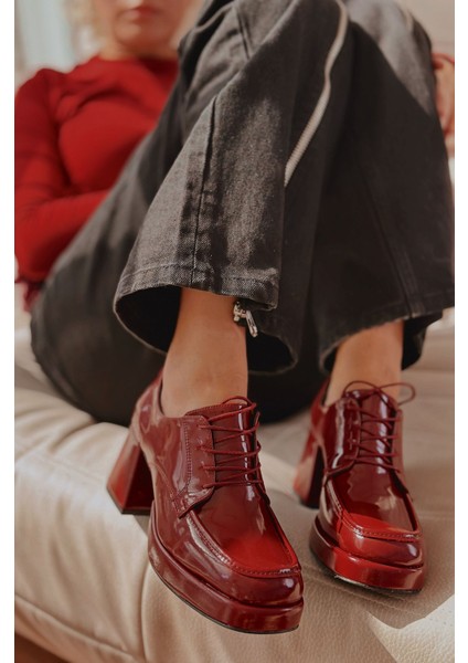 Monela Rugan Bağcık Detaylı Platform Topuklu Ayakkabı Bordo fırsatları