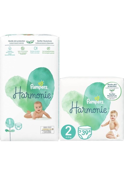 Pampers Harmonie Bebek Bezi Beden:1 (2-5kg) Yenidoğan 50 Adet + Beden:2 (4-8kg) Mini 39 Adet
