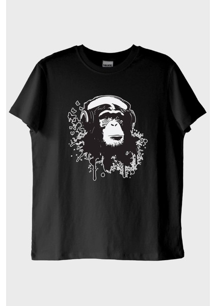 Kulaklık Takmış Goril Siyah Tişört