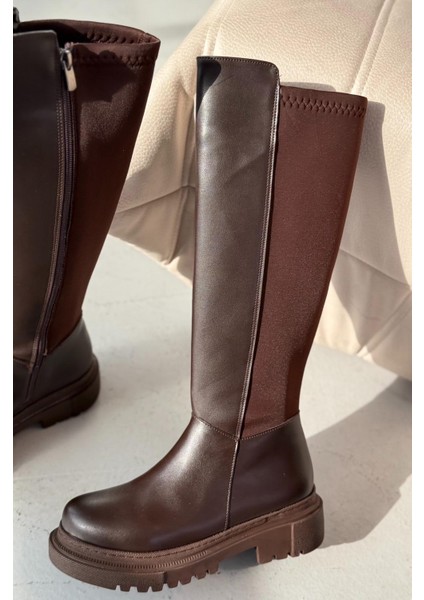 Vessona Kahve Arkası Streç Fermuarlı Günlük Kadın Çizme