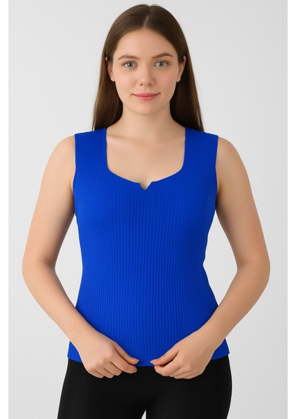 Mavi Triko Yüksek Kalite Kalın Askılı Kolsuz Bluz Fitilli Esnek Yumuşak Ince Yazlık Kare Yaka