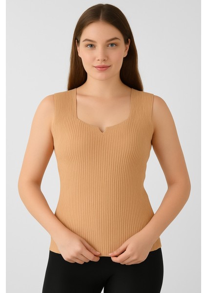 Bisküvi Triko Yüksek Kalite Kalın Askılı Kolsuz Bluz Fitilli Esnek Yumuşak Ince Yazlık Kare Yaka