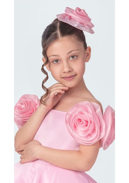 aden Gül Detaylı Tokalı Kayık Yaka Saten Kabarık Abiye Doğum Günü Parti Kostüm Kız Çocuk Elbise fiyatları