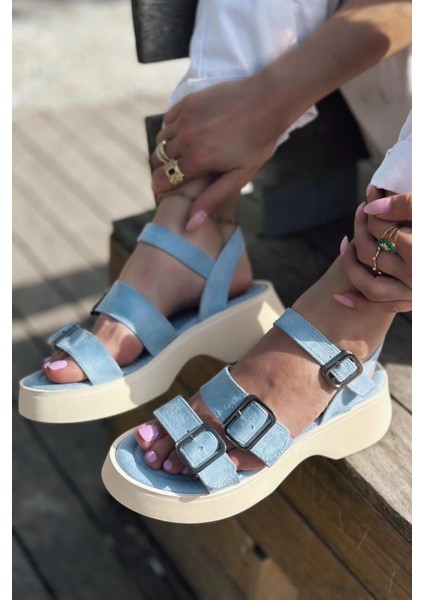 Neslon Süet Toka Detaylı Kadın Sandalet Bebek Mavisi fiyatları