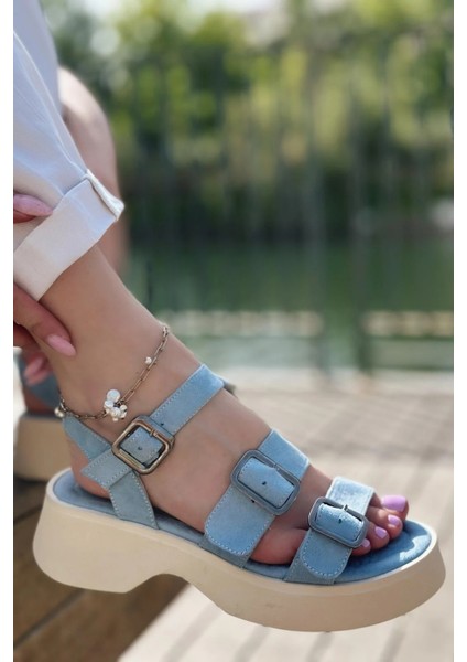 Neslon Süet Toka Detaylı Kadın Sandalet Bebek Mavisi modelleri