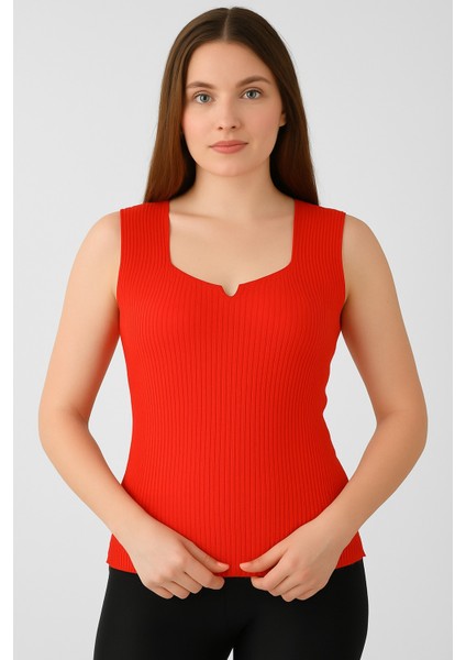 Kırmızı Triko Yüksek Kalite Kalın Askılı Kolsuz Bluz Fitilli Esnek Yumuşak Ince Yazlık Kare Yaka