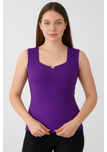 Mor Triko Yüksek Kalite Kalın Askılı Kolsuz Bluz Fitilli Esnek Yumuşak Ince Yazlık Kare Yaka