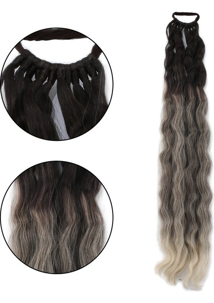 Lastik Tokalı At Kuyruğu Kabarık Afro Dalgalı - Kumral - Beyaz Platin Ombre