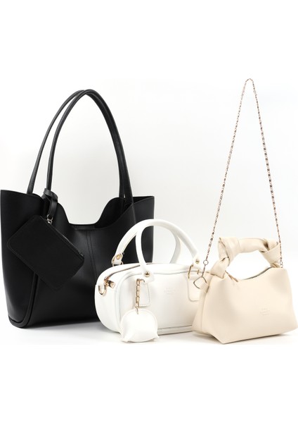 Siyah/beyaz/krem SHK239 Suni Deri El Kol ve Omuz 3'lü Çanta Seti (SHK108-SHK207-SHK24)