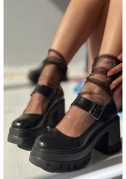 Solea Kalın Taban Topuklu Mary Jane Siyah Mat Deri