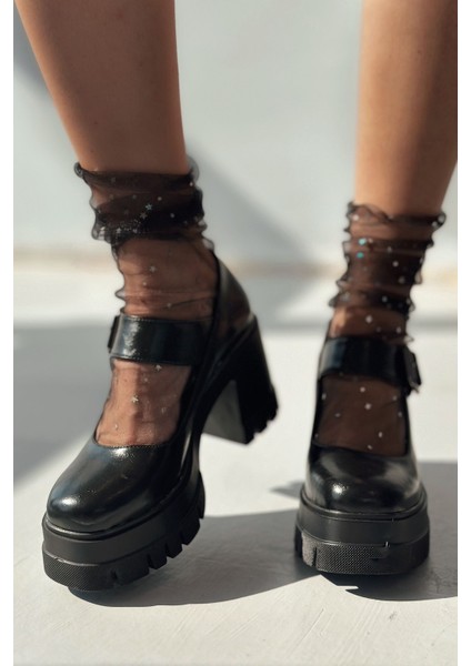 Solea Kalın Taban Topuklu Mary Jane Siyah Mat Deri modelleri