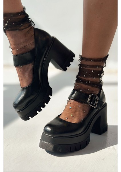 Solea Kalın Taban Topuklu Mary Jane Siyah Mat Deri indirimleri