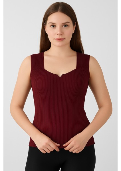 Bordo Triko Yüksek Kalite Kalın Askılı Kolsuz Bluz Fitilli Esnek Yumuşak Ince Yazlık Kare Yaka