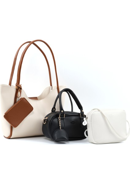 Krem-Taba/siyah/beyaz SHK238 Suni Deri El,kol ve Omuz 3'lü Çanta Seti (SHK108-SHK207-U23)