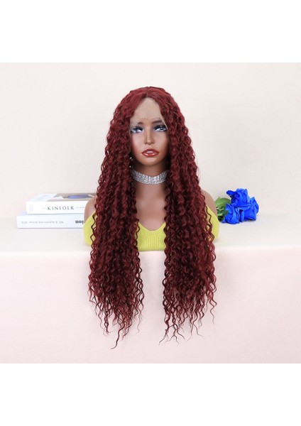 Kızıl Kahve Uzun Kıvırcık Dalgalı Fiber Sentetik Tül Peruk