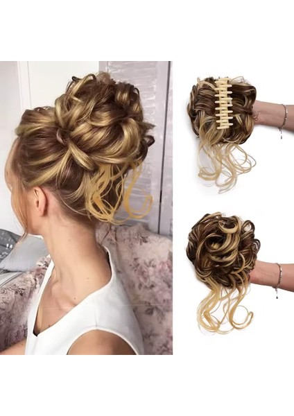 Tokalı Kuyruklu Dağınık Topuz - Açık Kumral Çiğ Dore Sarı Röfleli