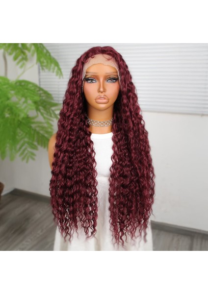 Afro Dalga Koyu Kızıl Fiber Sentetik T Tül Peruk