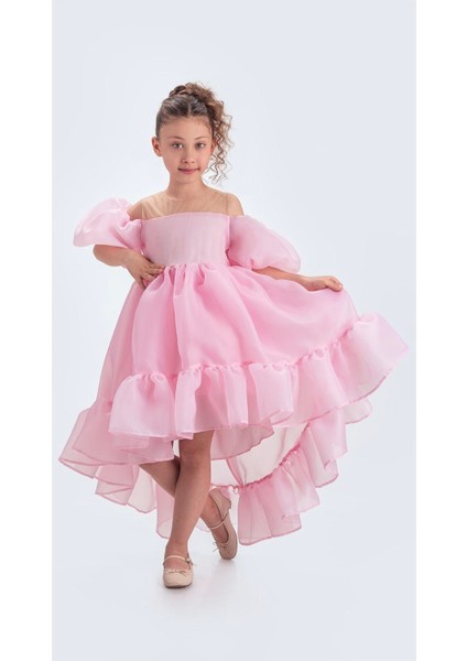 aden Kuyruklu Karolin Kumaş Düşük Balon Kollu Doğum Günü Abiye Kostüm Kız Çocuk Elbise