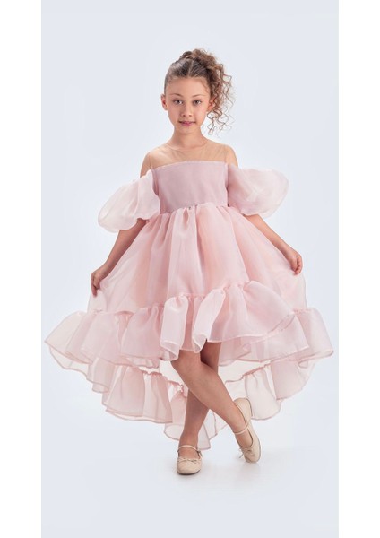 aden Kuyruklu Karolin Kumaş Düşük Balon Kollu Doğum Günü Abiye Kostüm Kız Çocuk Elbise