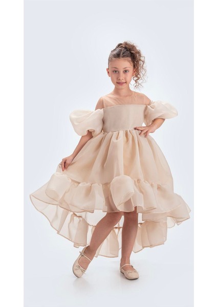 aden Kuyruklu Karolin Kumaş Düşük Balon Kollu Doğum Günü Abiye Kostüm Kız Çocuk Elbise