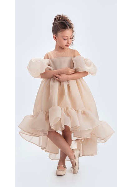 aden Kuyruklu Karolin Kumaş Düşük Balon Kollu Doğum Günü Abiye Kostüm Kız Çocuk Elbise modelleri