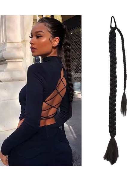 Üçlü Örgülü Tokalı Bağlamalı At Kuyruğu - Koyu Kestane