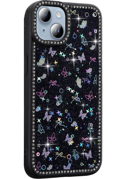 iPhone 13 Kılıf Taşlı ve Simli Tasarım Mpkr Azra Kapak - Siyah modelleri