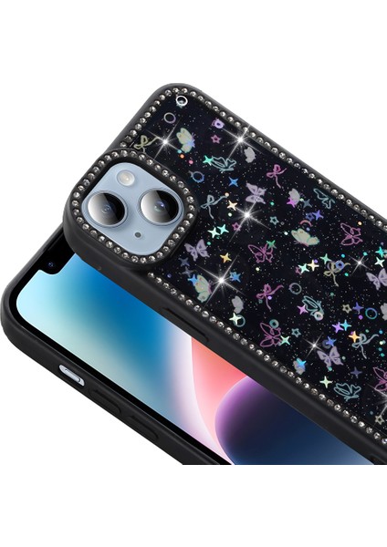 iPhone 13 Kılıf Taşlı ve Simli Tasarım Mpkr Azra Kapak - Siyah