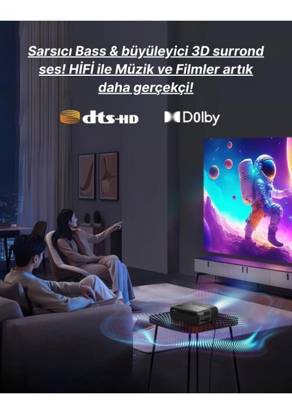 A8+ Akıllı Projeksiyon Cihazı - L1 Lisanslı Android Tv - Dolby Audio Ses Sistemi - 1200 Ansı Lümen