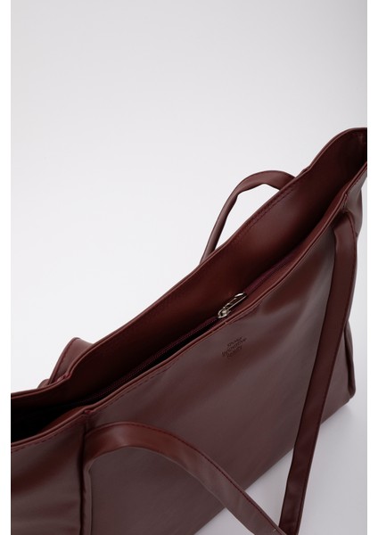 Bordo SHK90 Suni Deri Iç Bölmeli Fermuarlı El, Kol ve Omuz Shopper Çanta