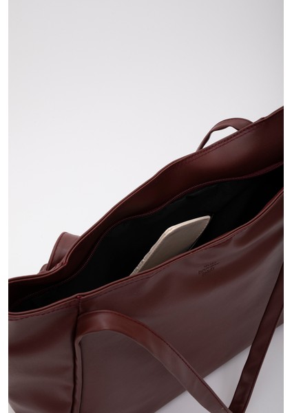 Bordo SHK90 Suni Deri Iç Bölmeli Fermuarlı El, Kol ve Omuz Shopper Çanta