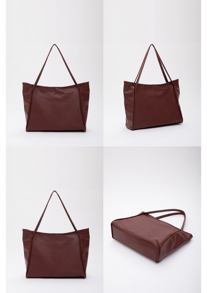 Bordo SHK90 Suni Deri Iç Bölmeli Fermuarlı El, Kol ve Omuz Shopper Çanta