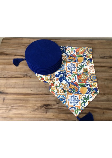 Sulu Boya Çini Limon Desenli Runner & Supla