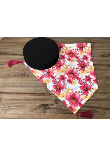 Fuşya Sarı Büyük Çiçek Desenli Runner & Supla