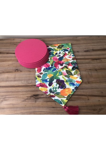 Sulu Boya Renkli Yapraklar Desenli Runner & Supla