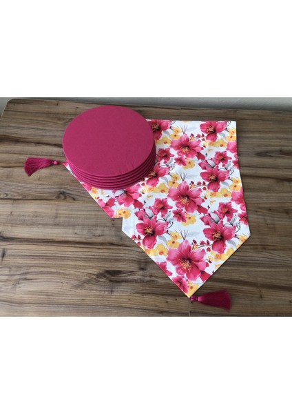 Fuşya Sarı Büyük Çiçekler Desenli Runner & Supla