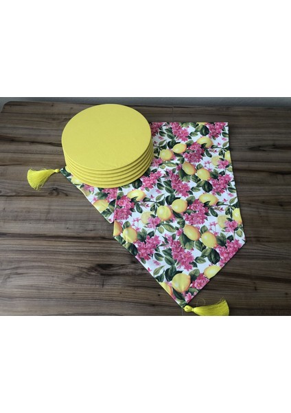 Fuşya Çiçekler Arasında Limon Desenli Runner & Supla