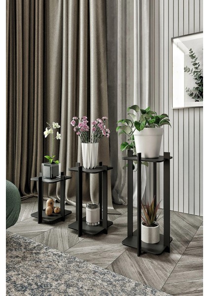 3'lü Kare Çiçeklik Saksılık Siyah