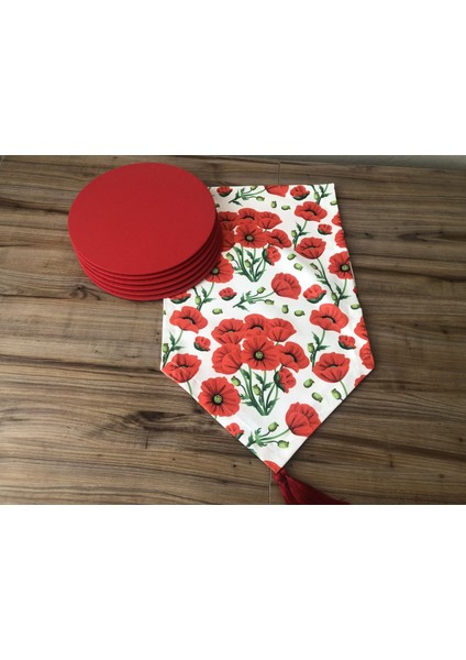 Kırmızı Gelincik Desenli Runner & Supla