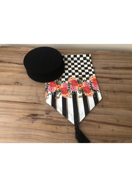 Damalı Kırmızı Gül Desenli Runner & Supla