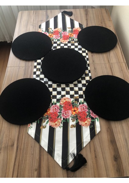 Damalı Kırmızı Gül Desenli Runner & Supla modelleri