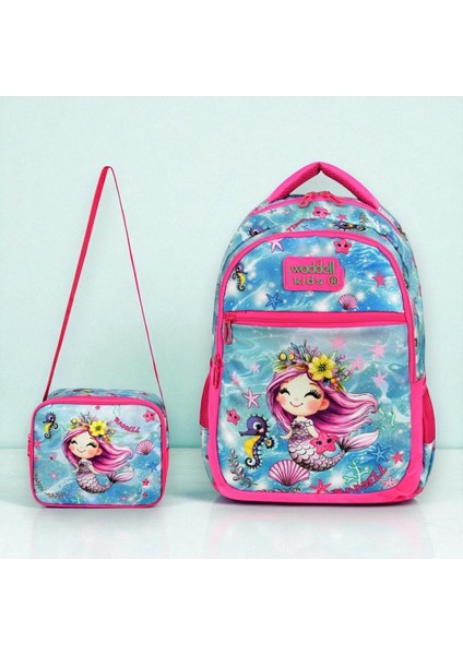 Lisanslı Deniz Kızı Desenli Ilkokul Sırt Çantası, Beslenme Çantası ve 2 Cepli Kalemlik Seti