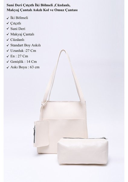 Krem SHK123 Suni Deri, Çıtçıtlı, Iki Bölmeli, Cüzdanlı, Makyaj Çantalı, Askılı, El, Kol ve Omuz Çantası modelleri