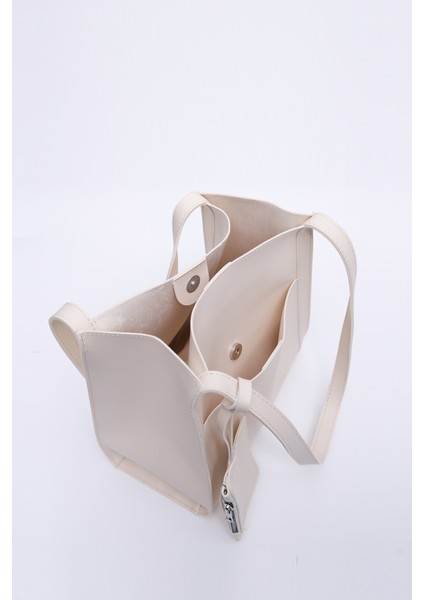 Krem SHK123 Suni Deri, Çıtçıtlı, Iki Bölmeli, Cüzdanlı, Makyaj Çantalı, Askılı, El, Kol ve Omuz Çantası