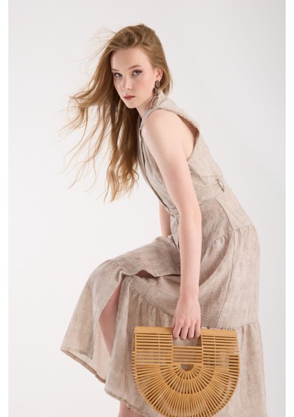 Ceket Yaka Önden Düğmeli Keten Elbise fırsatları