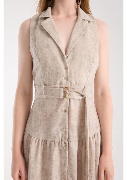 Ceket Yaka Önden Düğmeli Keten Elbise