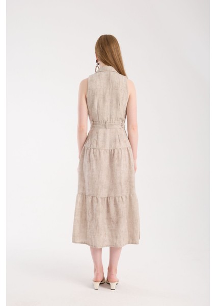 Ceket Yaka Önden Düğmeli Keten Elbise