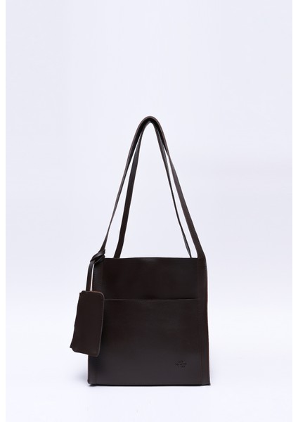 Kahve Rengi SHK123 Suni Deri, Çıtçıtlı, Iki Bölmeli, Cüzdanlı, Makyaj Çantalı, Askılı, El, Kol ve Omuz Çantası