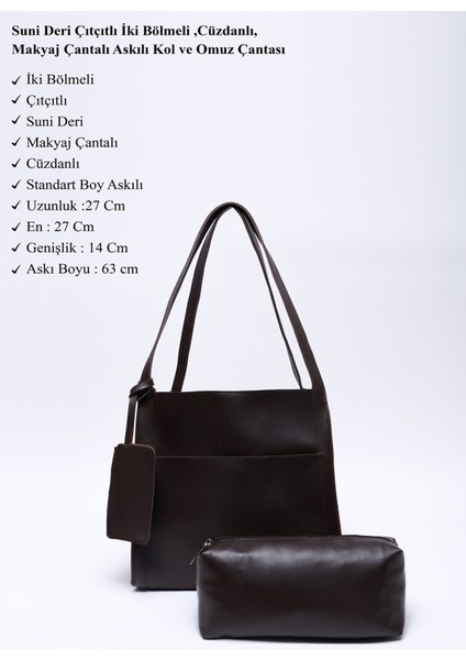 Kahve Rengi SHK123 Suni Deri, Çıtçıtlı, Iki Bölmeli, Cüzdanlı, Makyaj Çantalı, Askılı, El, Kol ve Omuz Çantası modelleri