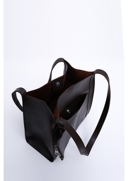 Kahve Rengi SHK123 Suni Deri, Çıtçıtlı, Iki Bölmeli, Cüzdanlı, Makyaj Çantalı, Askılı, El, Kol ve Omuz Çantası